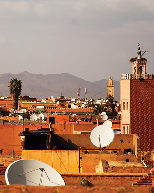 ariel shot of a Middle Eastern city showing architecture, trees, and mountains in the background