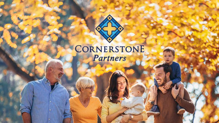 Intergenerational family with cornerstone partners logo